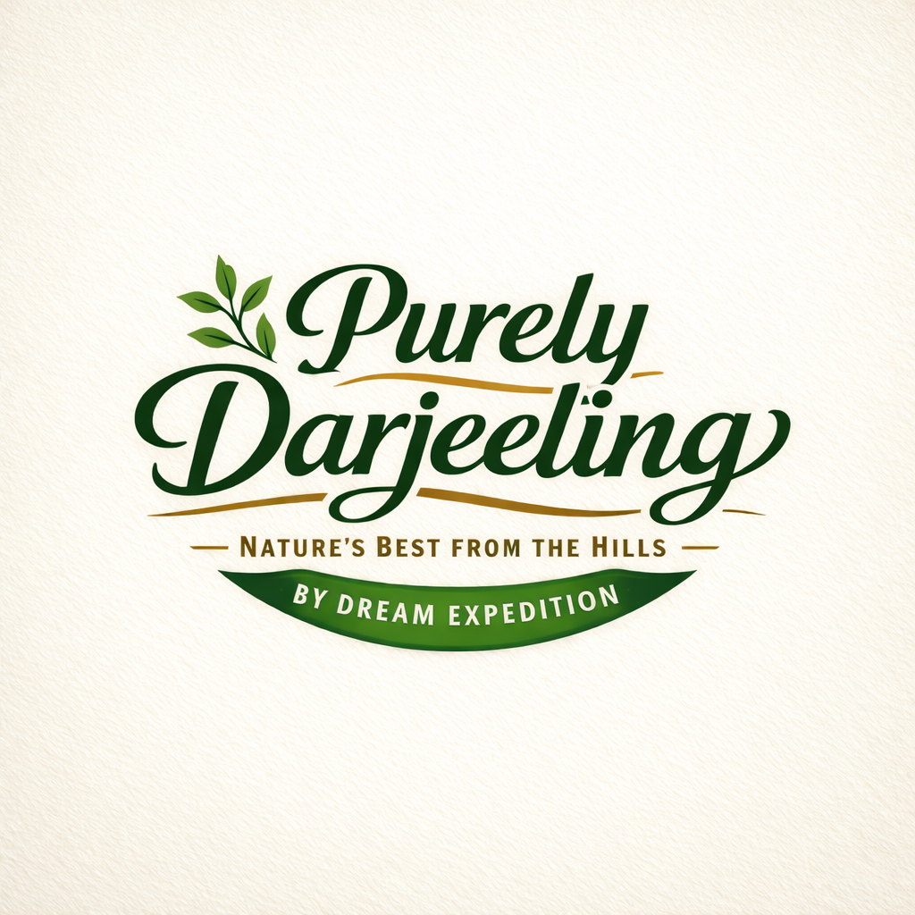 Purely Darjeeling logo with green typography, tea leaf icon, and tagline Nature’s Best from the Hills by Dream Expedition